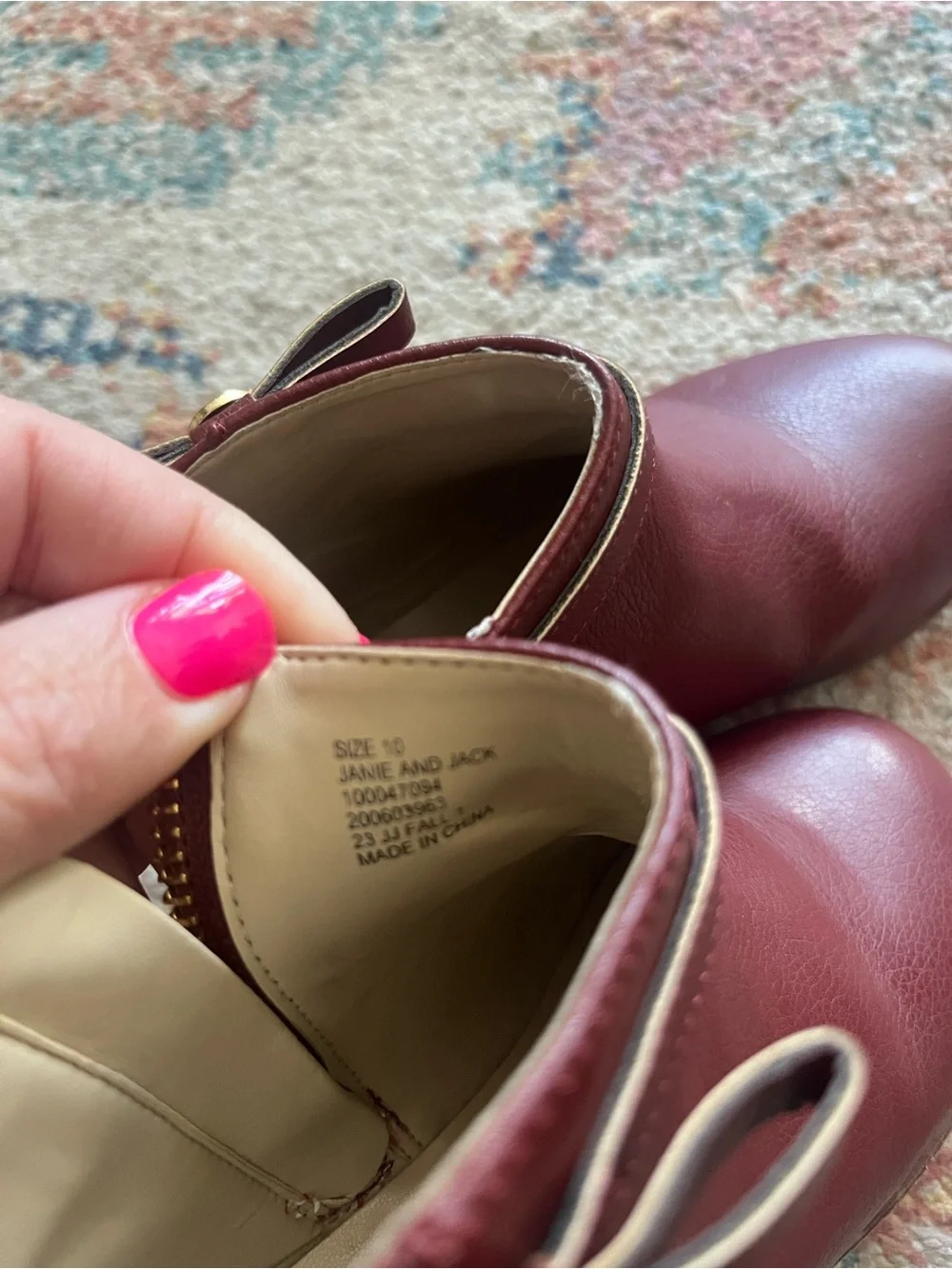 Janie and Jack Burgundy Leather Ankle Boots with Bow Accent